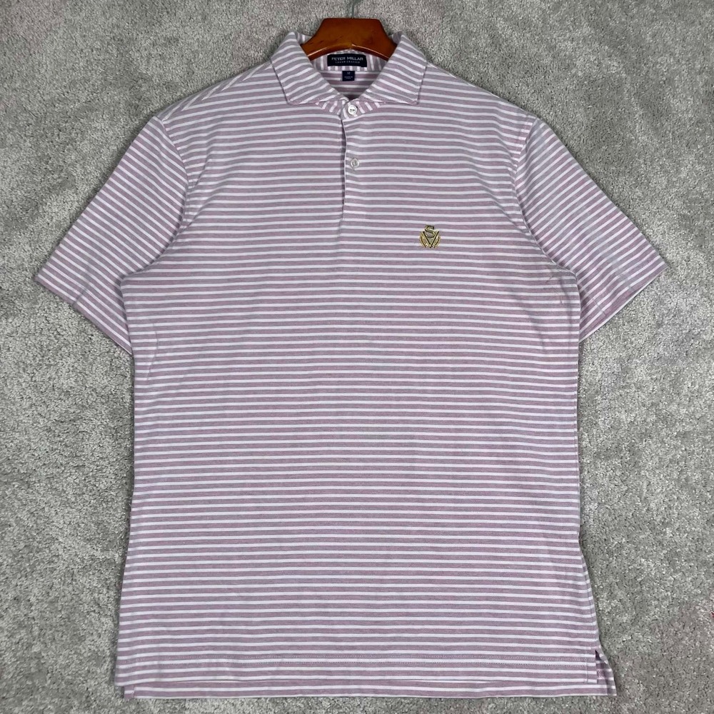 Peter Millar Polo Shirt Mens Medium Pink Striped Sage Valley Crown Crafted Pima